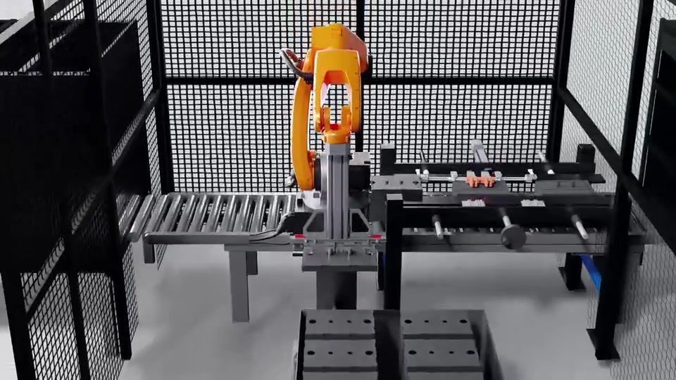 Orange KUKA industrial robot working inside a gridded factory cell